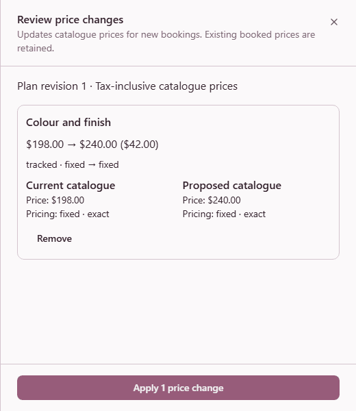 Price review showing the current $198 price, the proposed $240 price and an Apply 1 price change button.