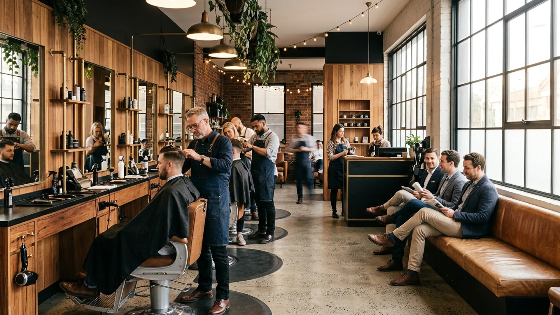 A busy modern barbershop on a Saturday with clients in chairs and a queue forming at the door.