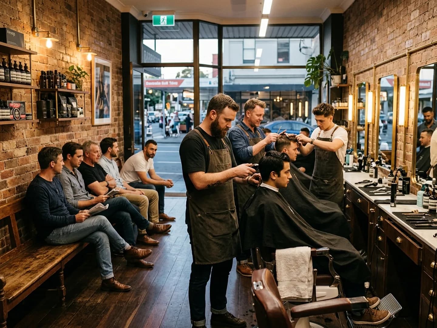 A modern barbershop at peak with multiple barbers cutting and clients waiting on the bench.