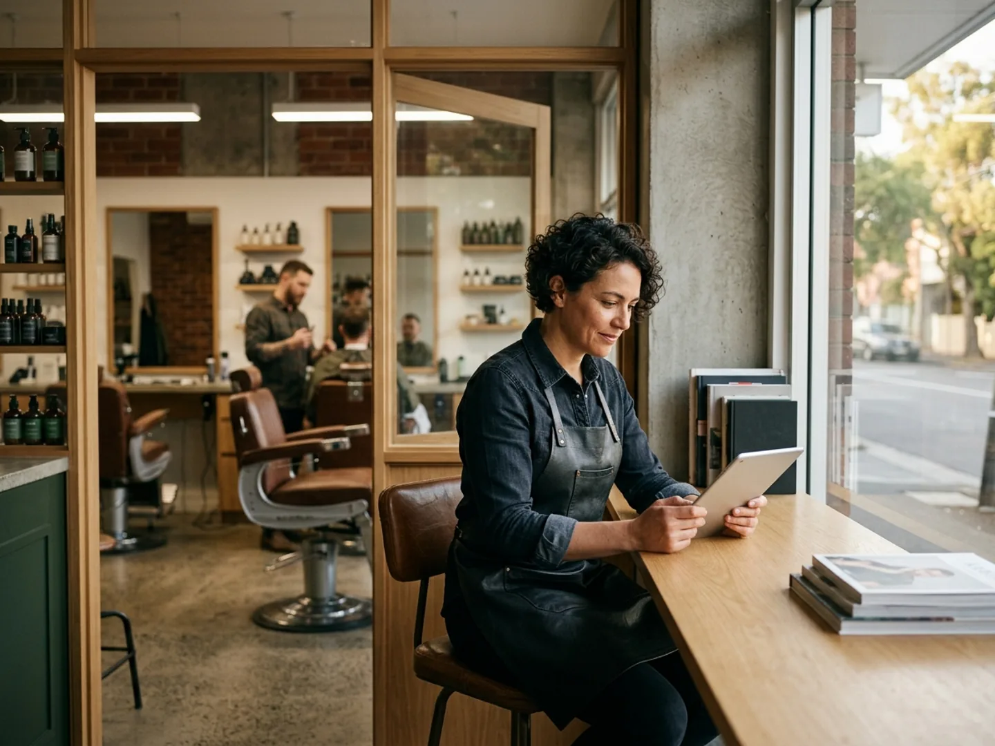 An OpenChair co-founder sitting at the front bench of a modern barbershop reviewing the product on a tablet, with barber chairs and a barber mid-cut visible behind.