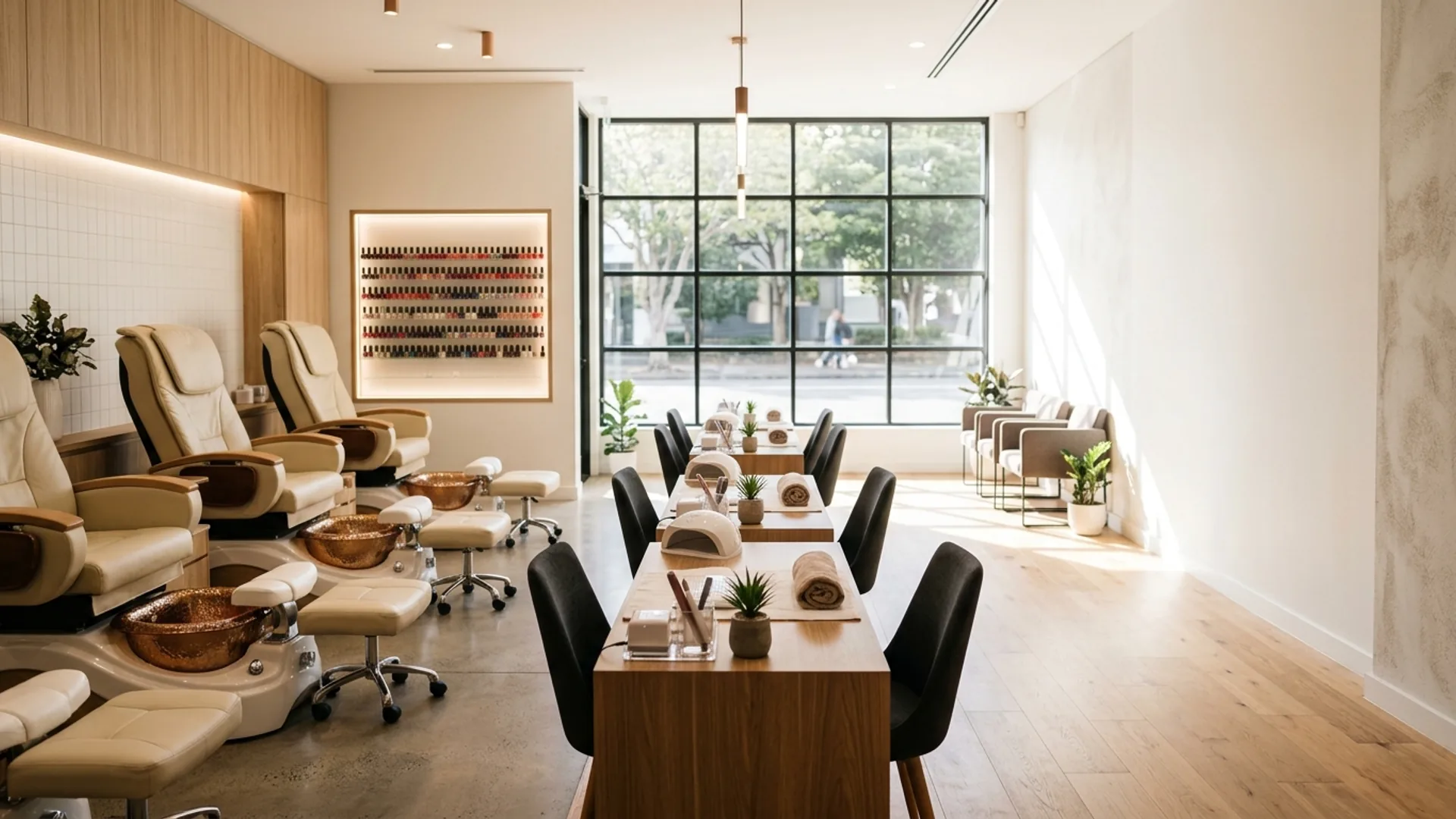 A modern nail salon with pedi chairs along one wall and manicure tables across the floor, polish wall in soft focus behind.