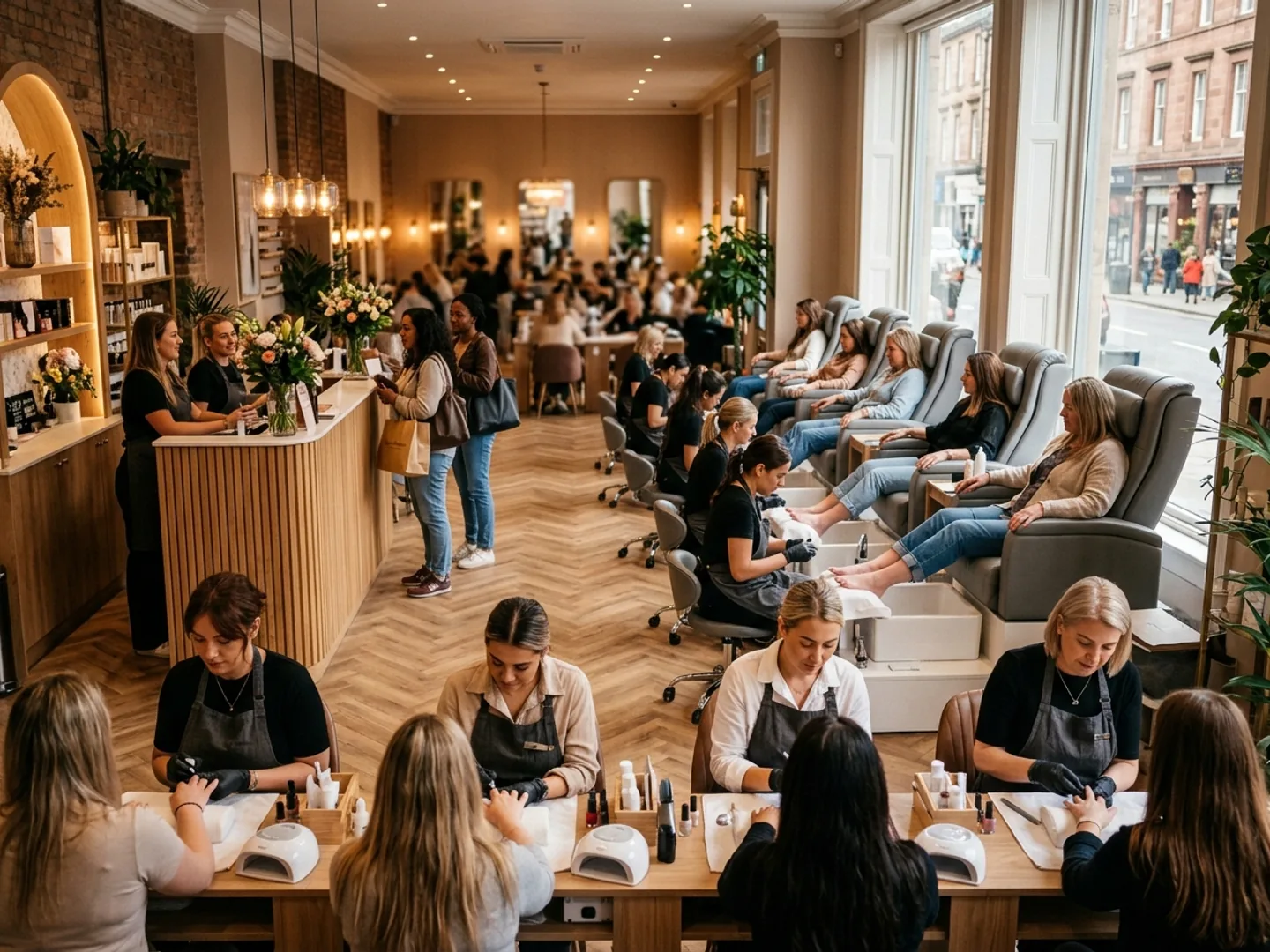 A busy modern nail salon with a queue at reception and pedi chairs occupied.