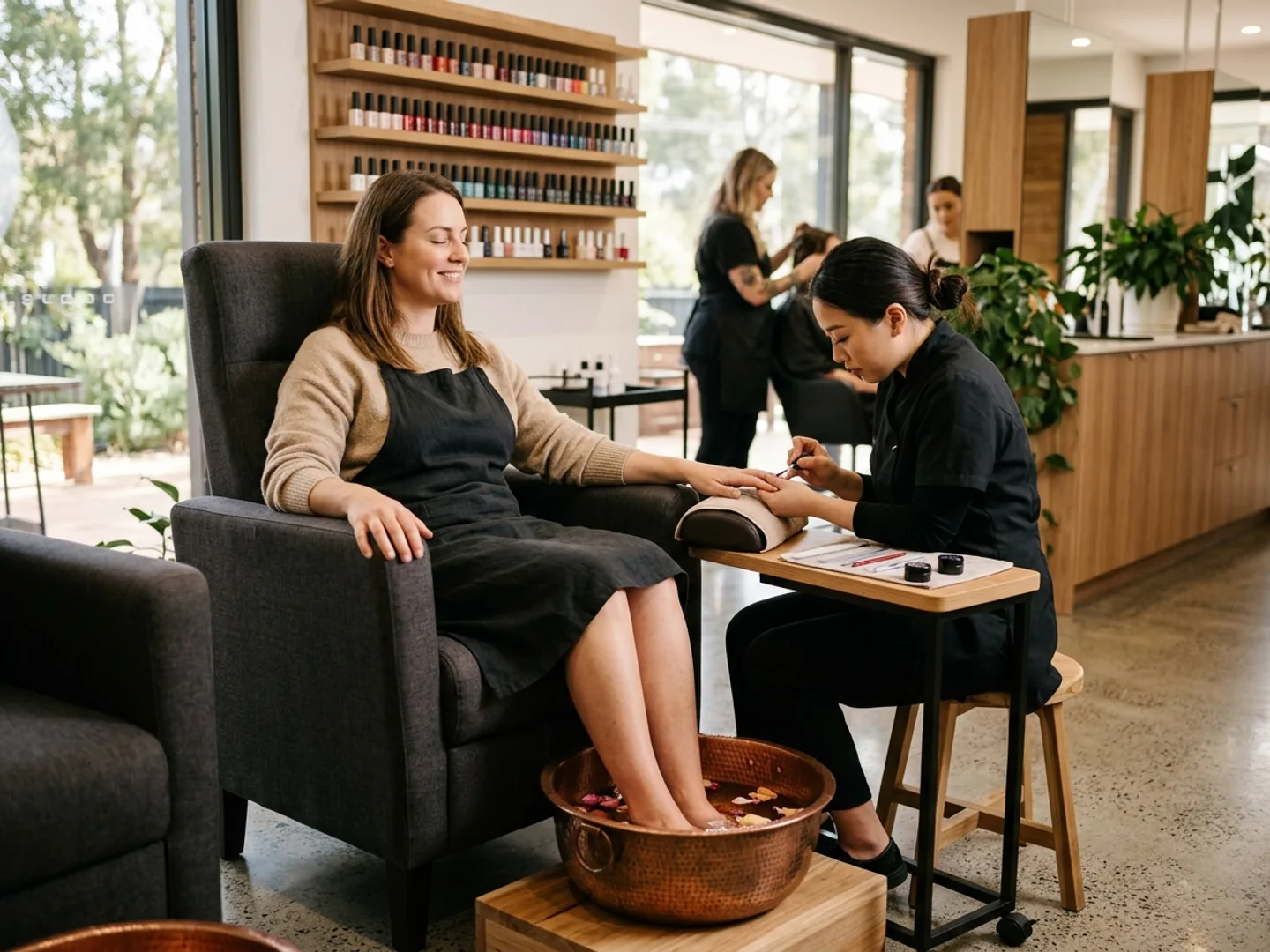 A client at a manicure table with a finished pedicure visible, representing two services in one booking.