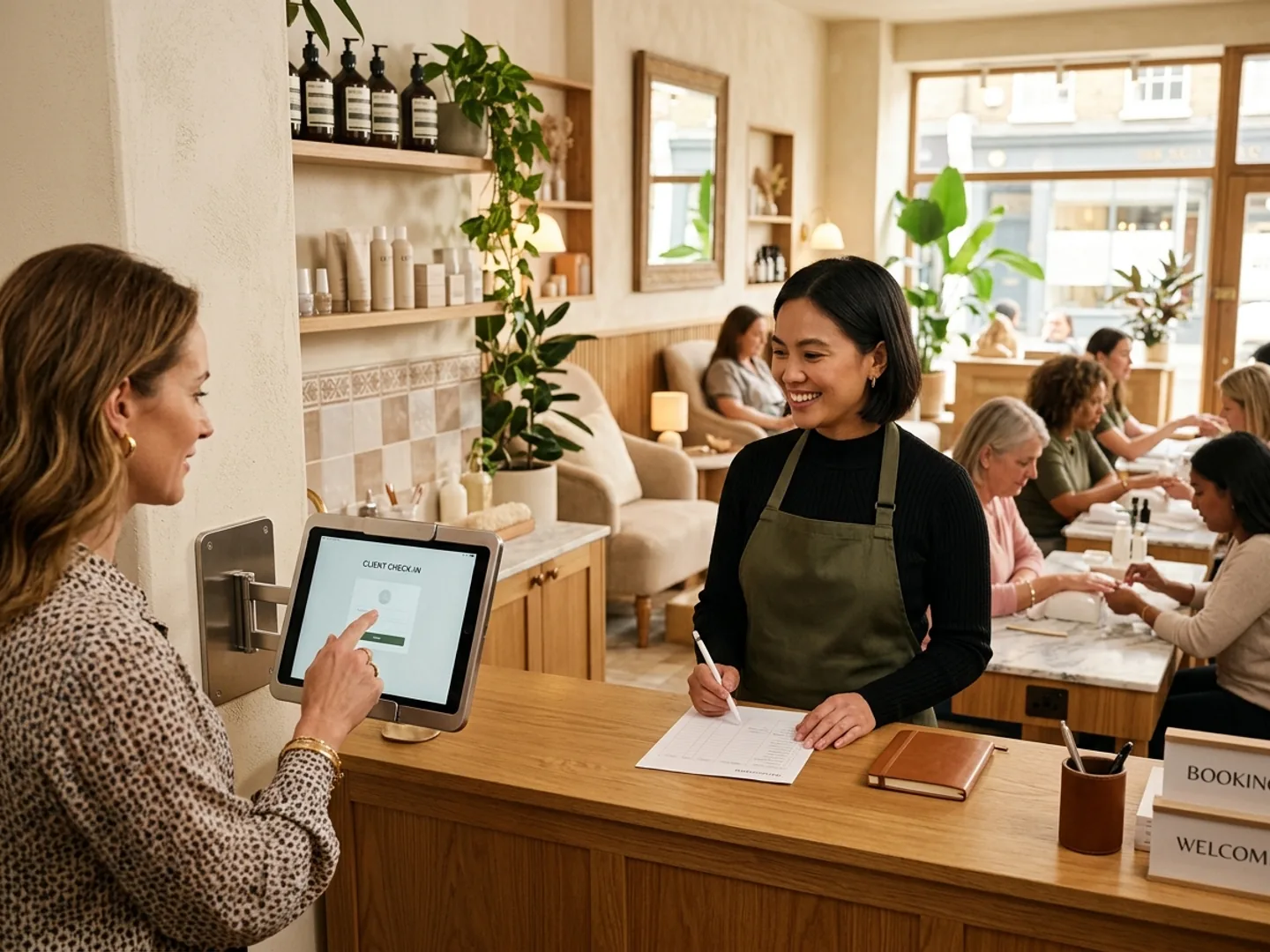 A client using a tablet at the reception of a modern nail salon to join the walk-in queue.