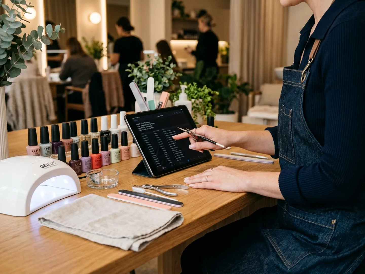 A nail technician reviewing a client's polish formula and finished-set history on a tablet.