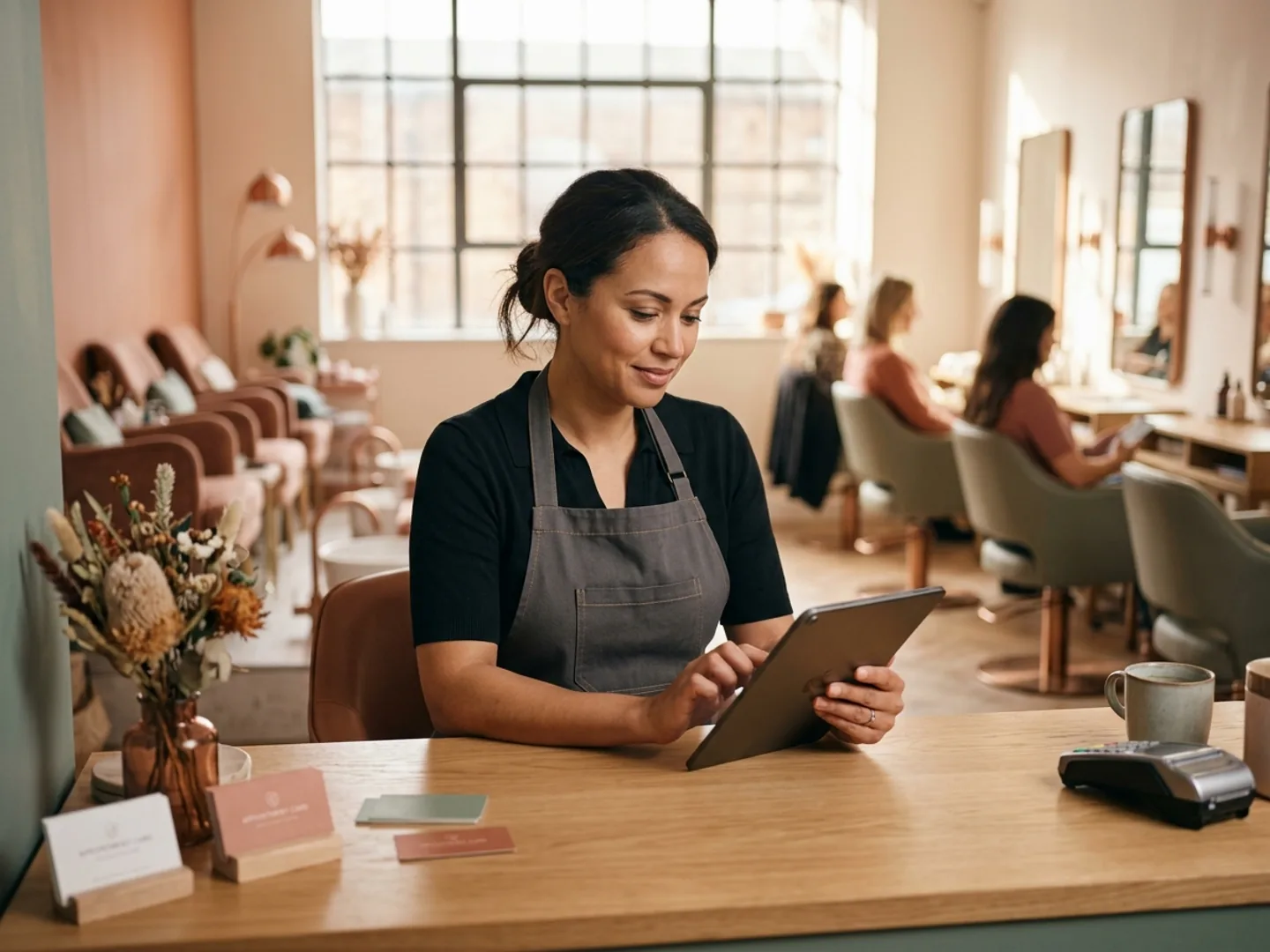 A nail salon owner reviewing an AI-assisted draft on a tablet between appointments.