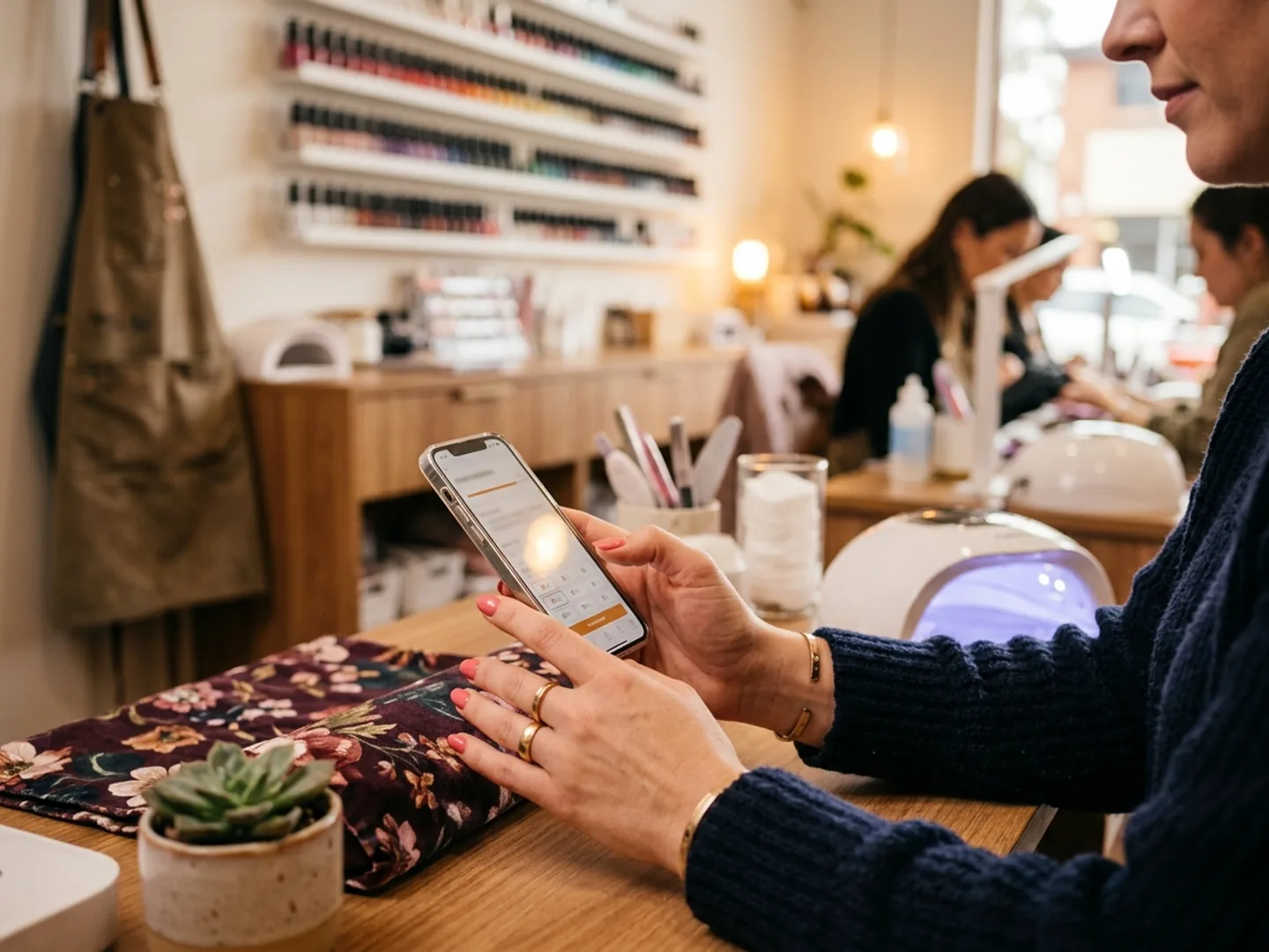 A client booking a BIAB infill on her phone with removal and nail art suggested below the service.