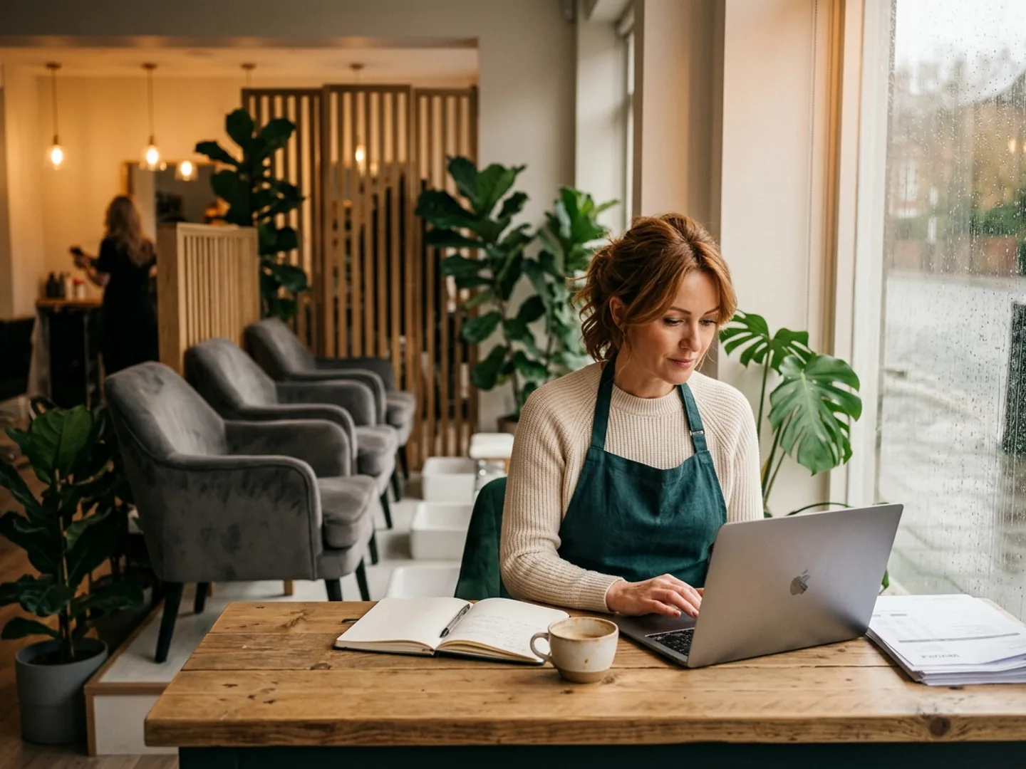 A nail salon owner reviewing the next appointment with a client at reception.