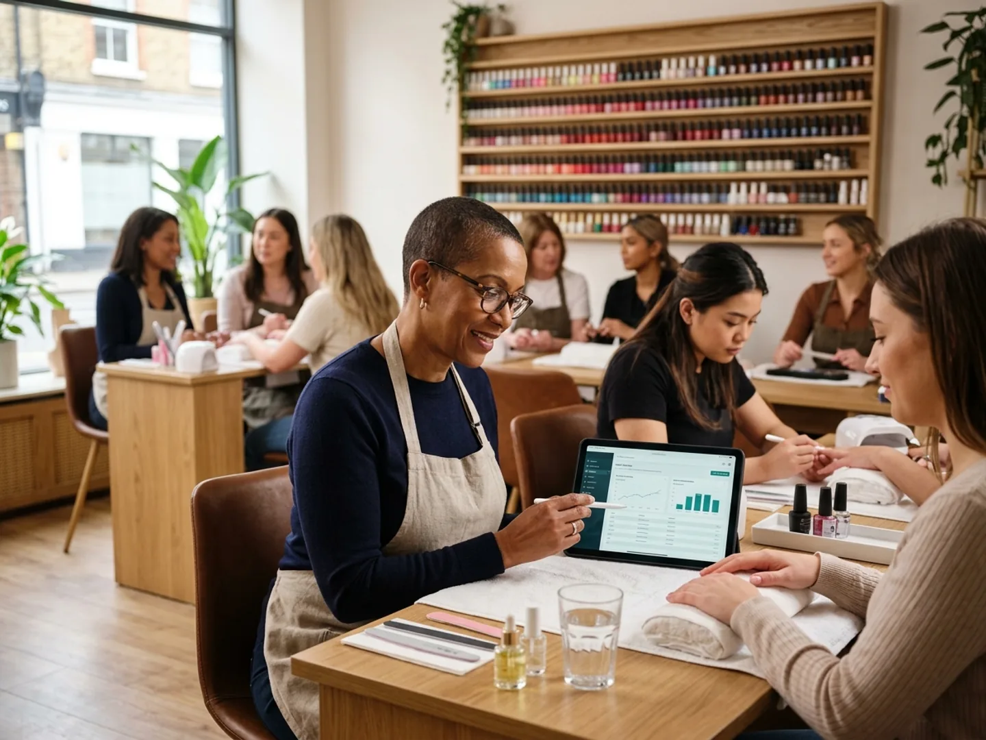 OpenChair co-founder reviewing the product on an iPad inside a nail salon.
