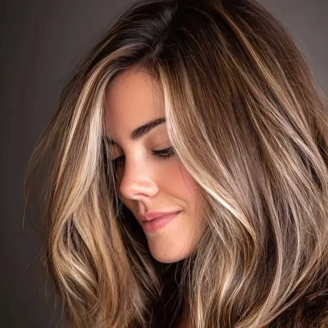 Inspiration photo showing honey balayage highlights on medium-brown hair