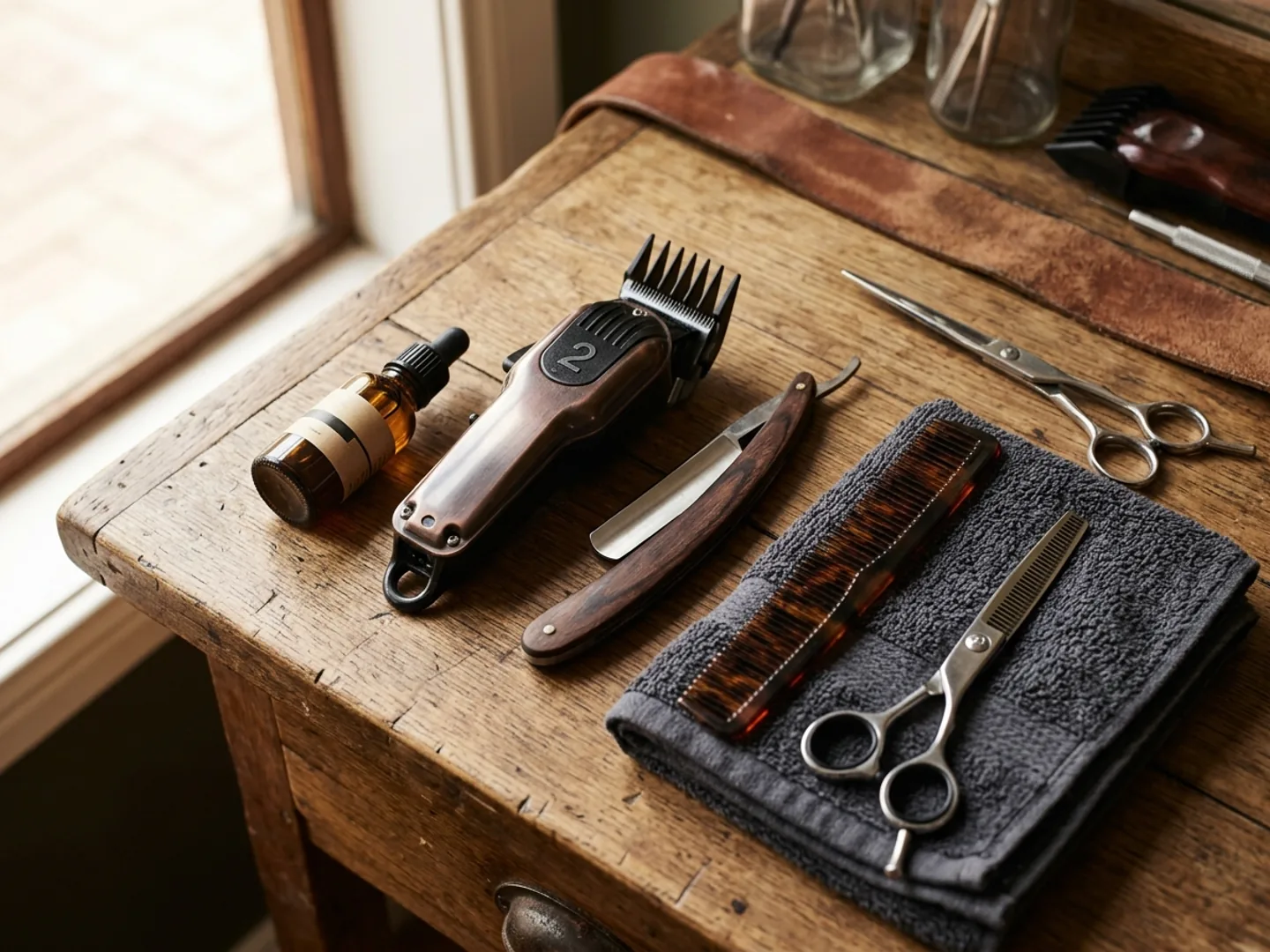 A close-up of a barber's tools on a station: clippers, comb, scissors, beard oil.
