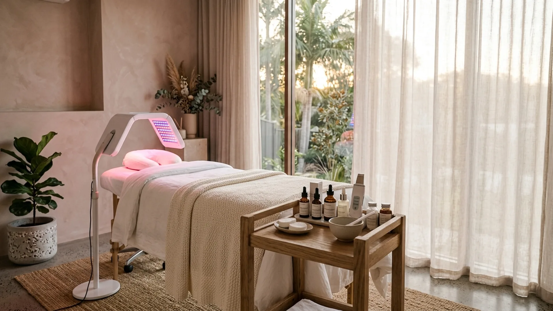 A modern beauty salon with a facial bed, LED panel, and skincare trolley ready for service.