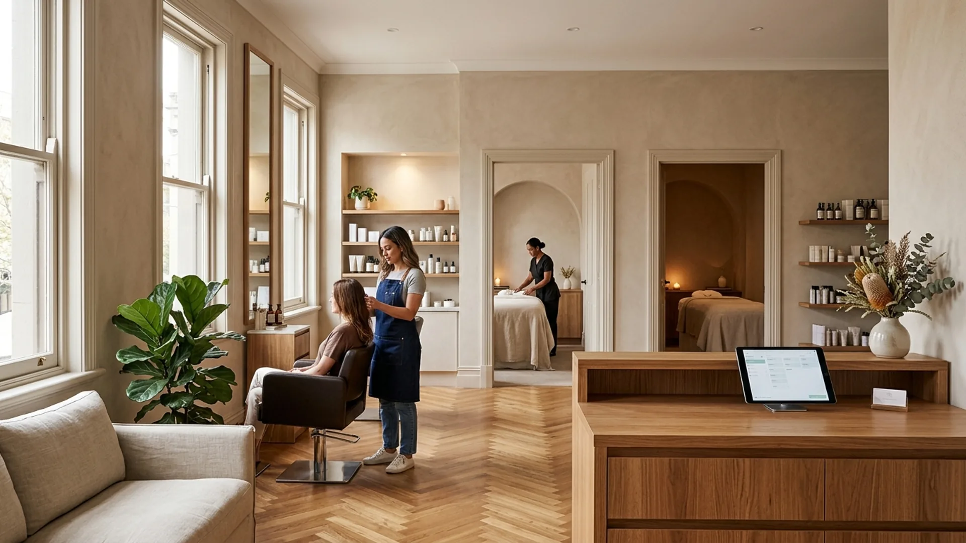 A modern beauty salon with multiple treatment rooms and a busy reception.