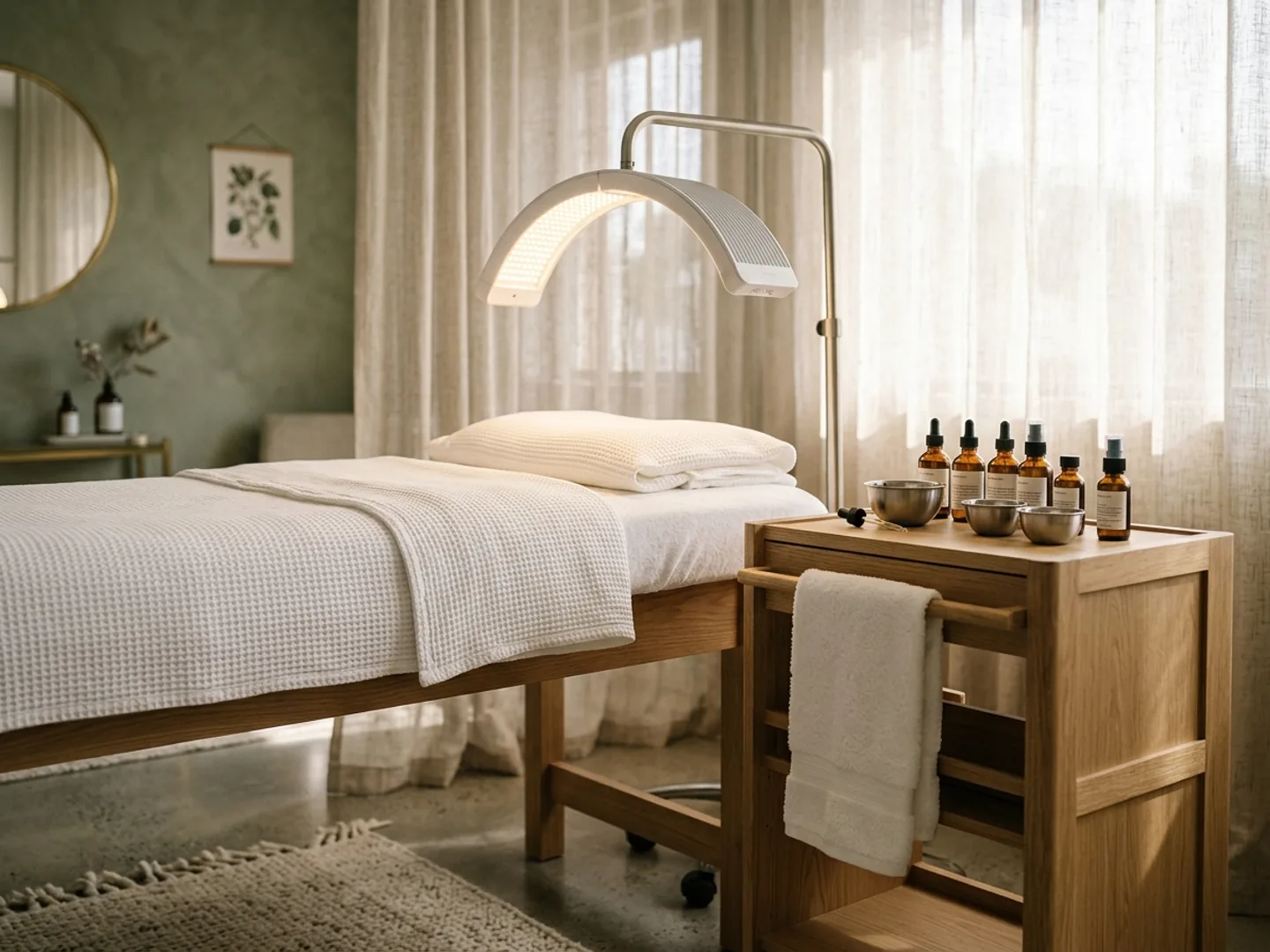 A modern beauty treatment room with a facial bed, LED panel, and trolley of skincare products ready for service.