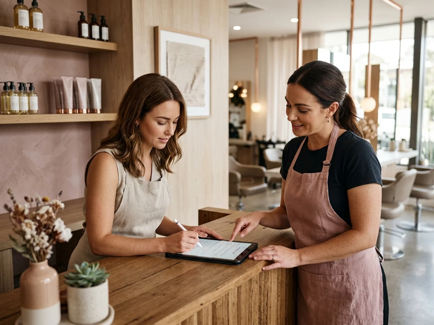 A client signing a digital consent form on a tablet at a beauty salon reception.
