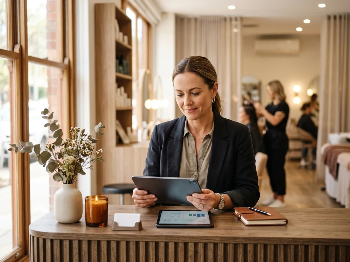 A beauty salon owner reviewing performance on an iPad at reception.