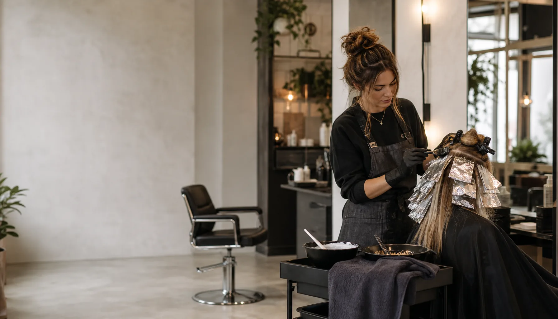 A stylist applying foils in a modern hair salon with an open chair nearby.