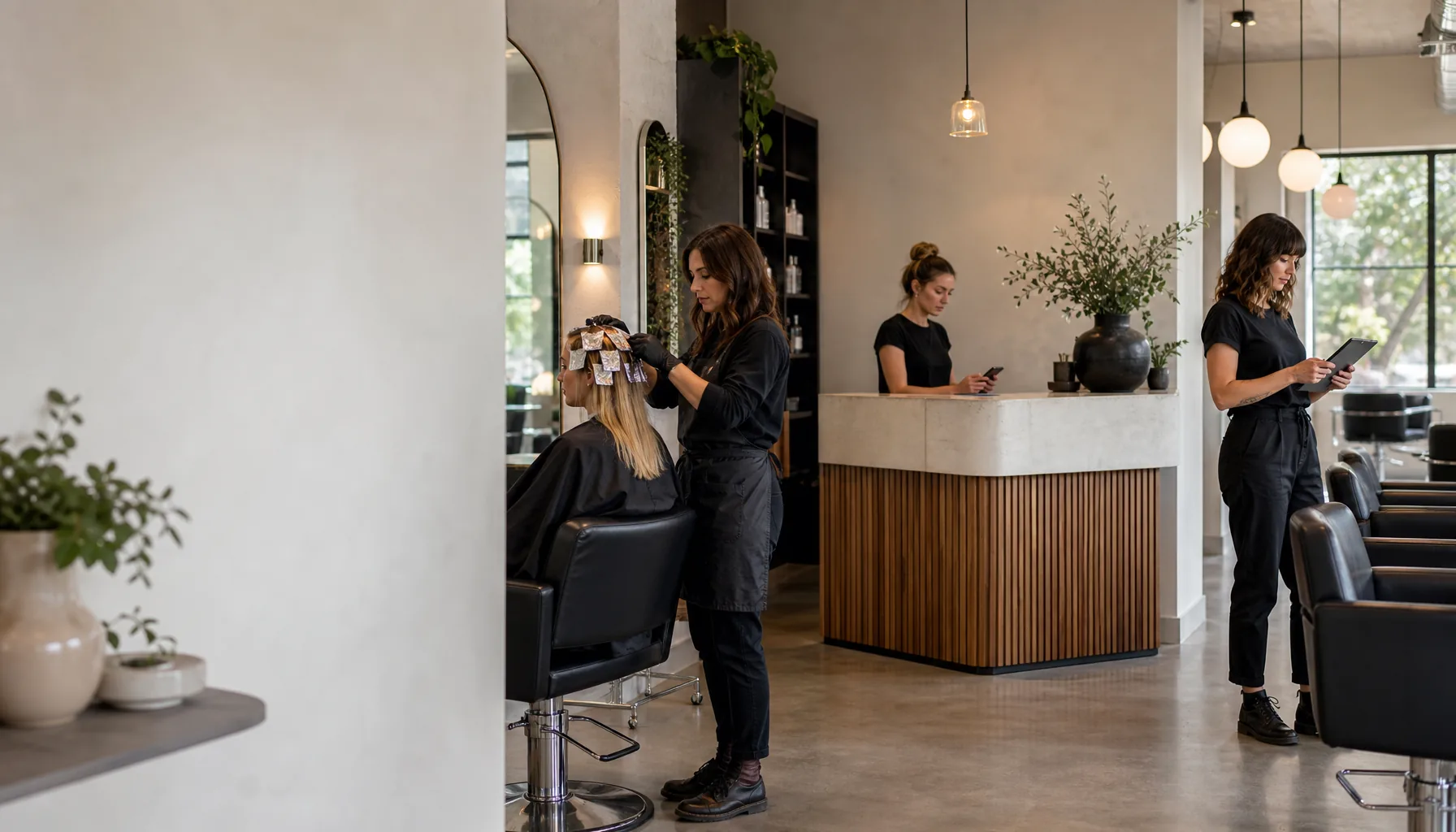 A modern hair salon with a colour appointment, reception desk, and empty chairs.