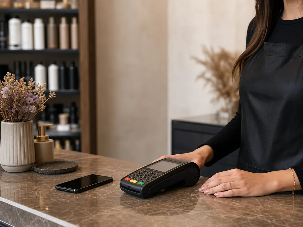 A salon checkout counter with a payment terminal, phone, and product shelves in the background.