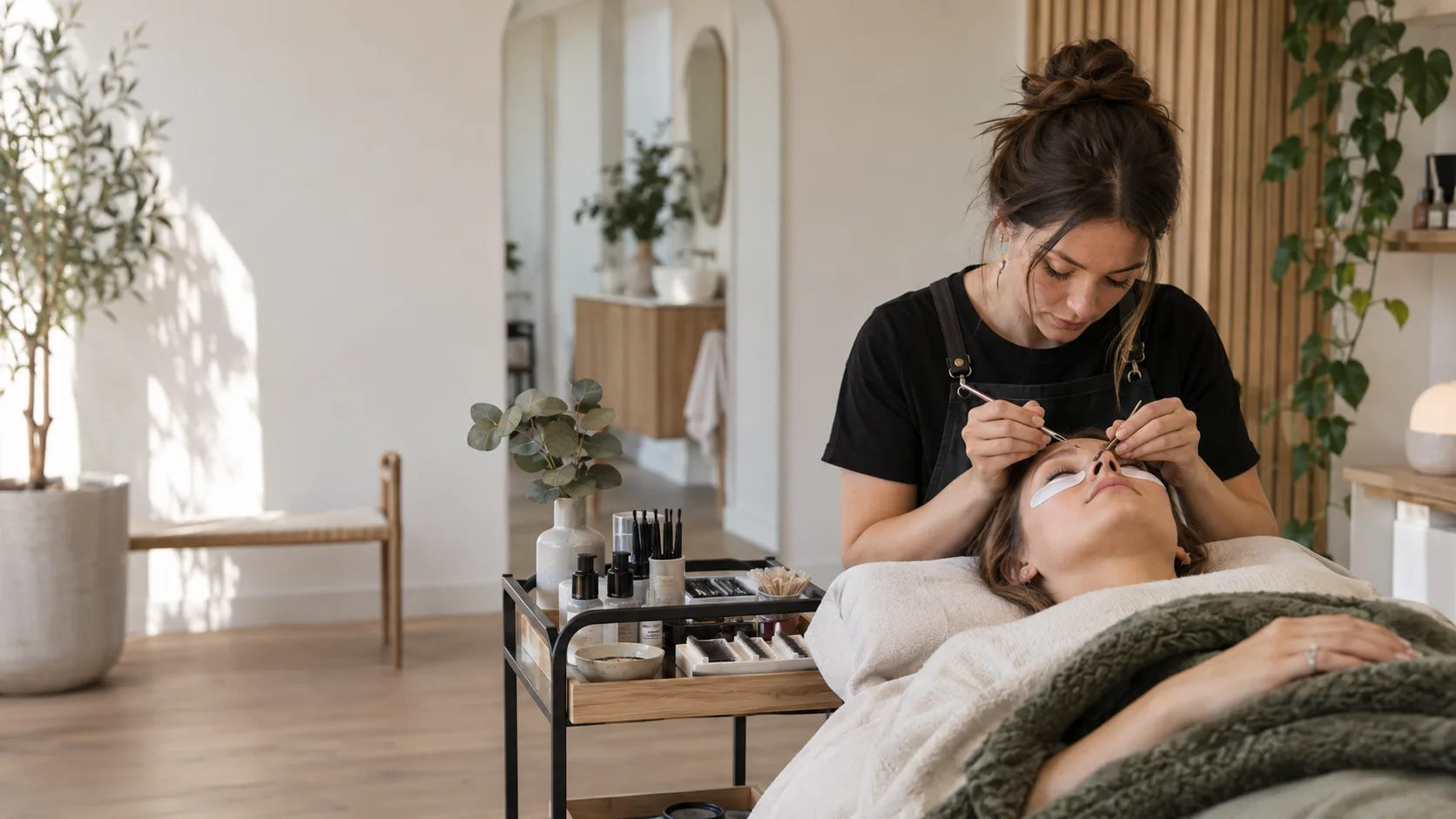 A lash artist working with a client on a lash bed in a bright independent studio.