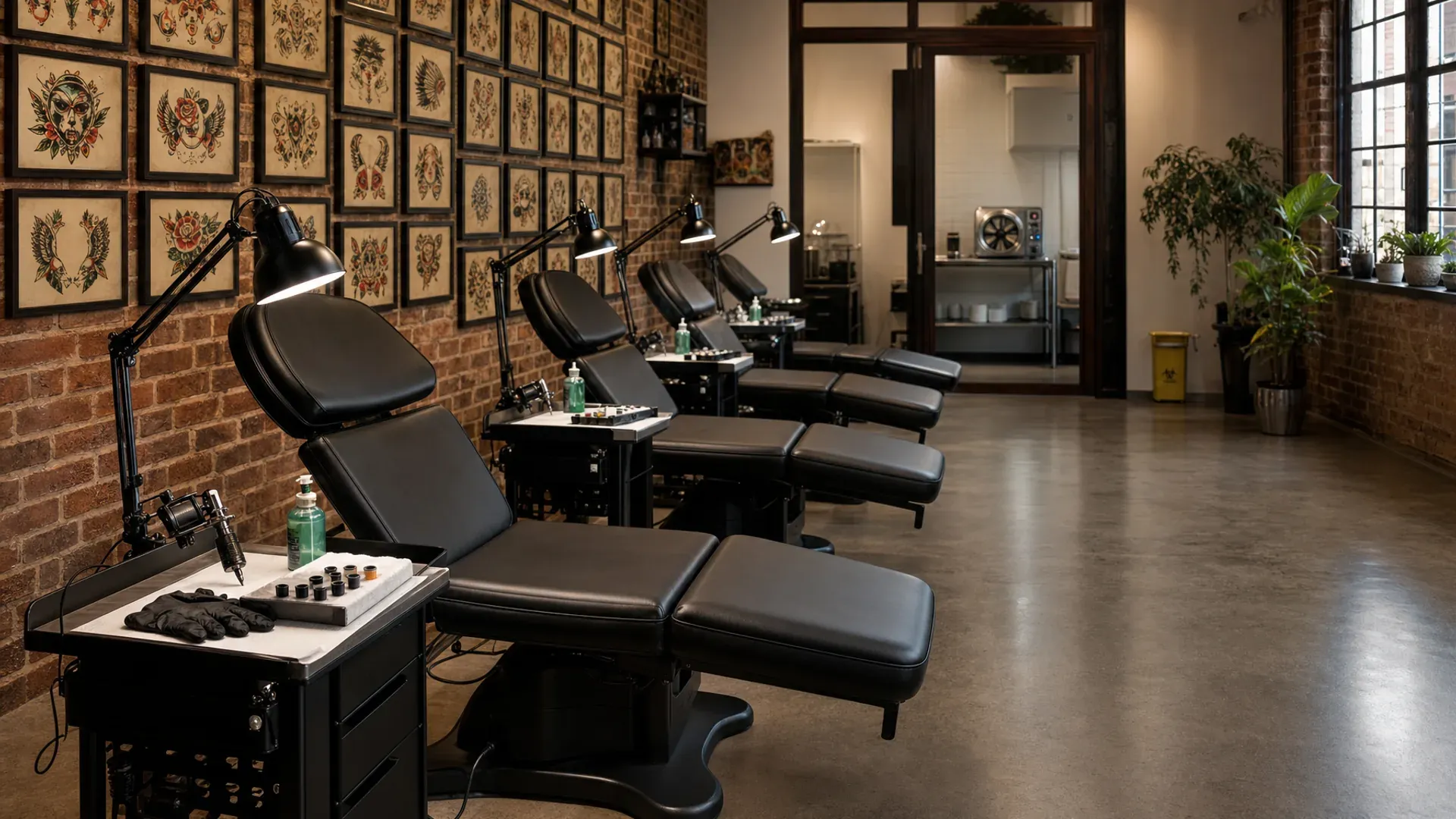 A modern tattoo studio with stations along one wall, a piercing room at the back, and a private room for big pieces.