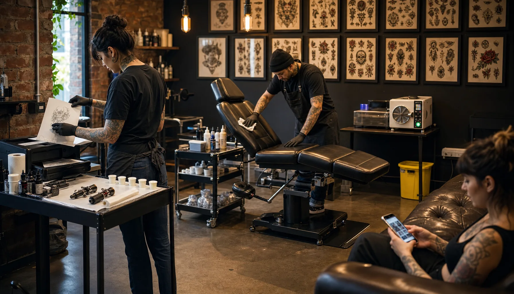 A busy modern tattoo studio with artists at stations and clients in the waiting area.
