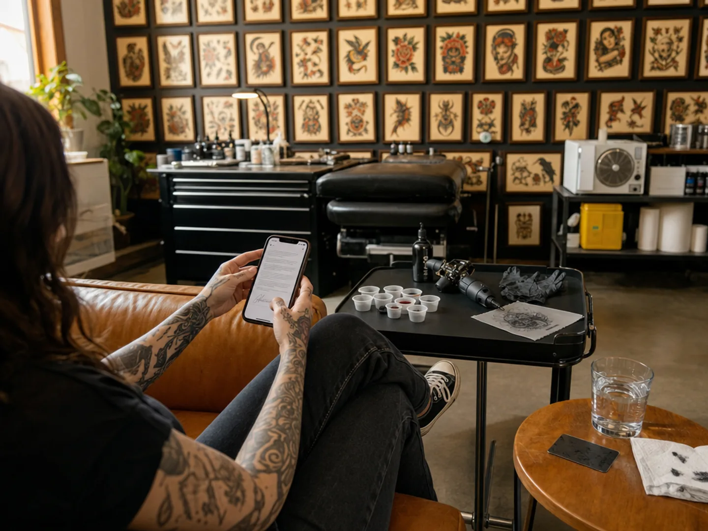 A tattoo client signing a digital waiver on her phone in a tattoo studio waiting area, with framed traditional flash sheets filling the wall behind.