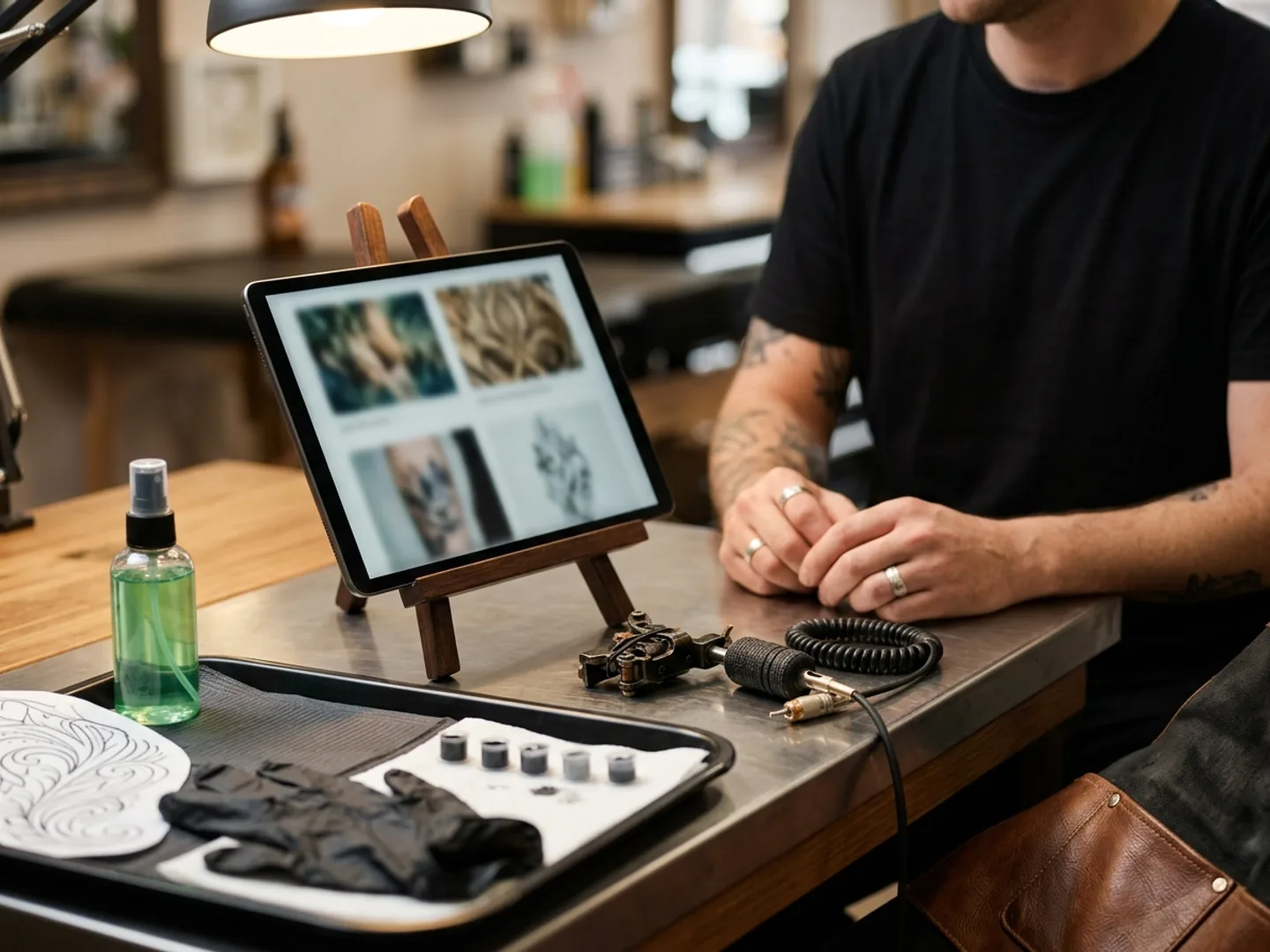 A tattoo artist reviewing a client's uploaded reference images on a tablet at their station.