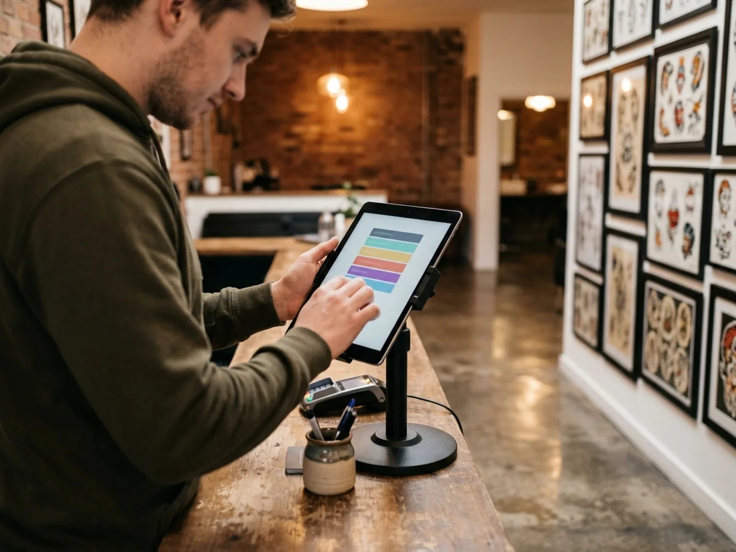 A client checking in on a tablet at a tattoo studio reception during a flash day.