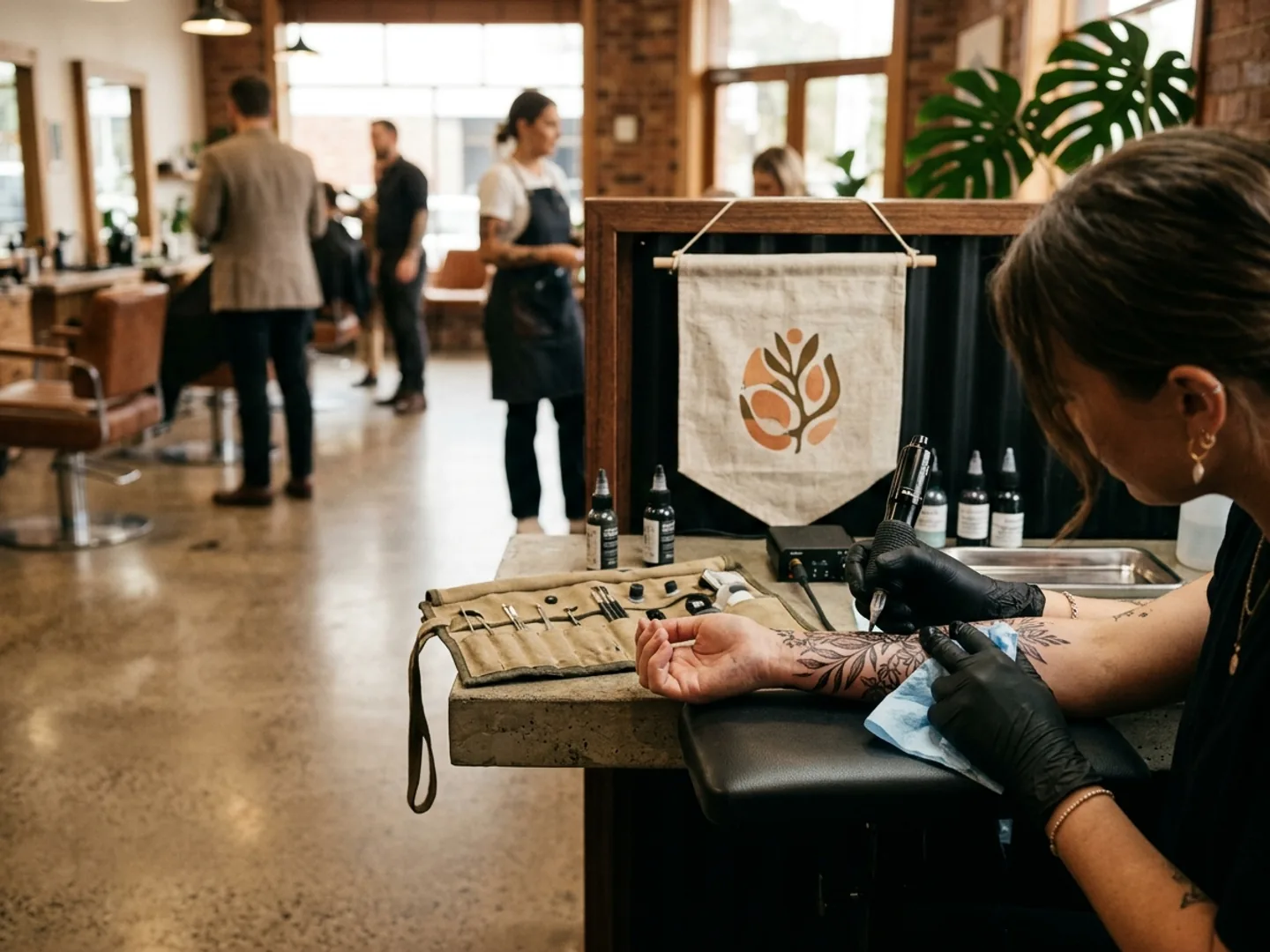 A guest tattoo artist working at a station in another studio during a two-week spot.