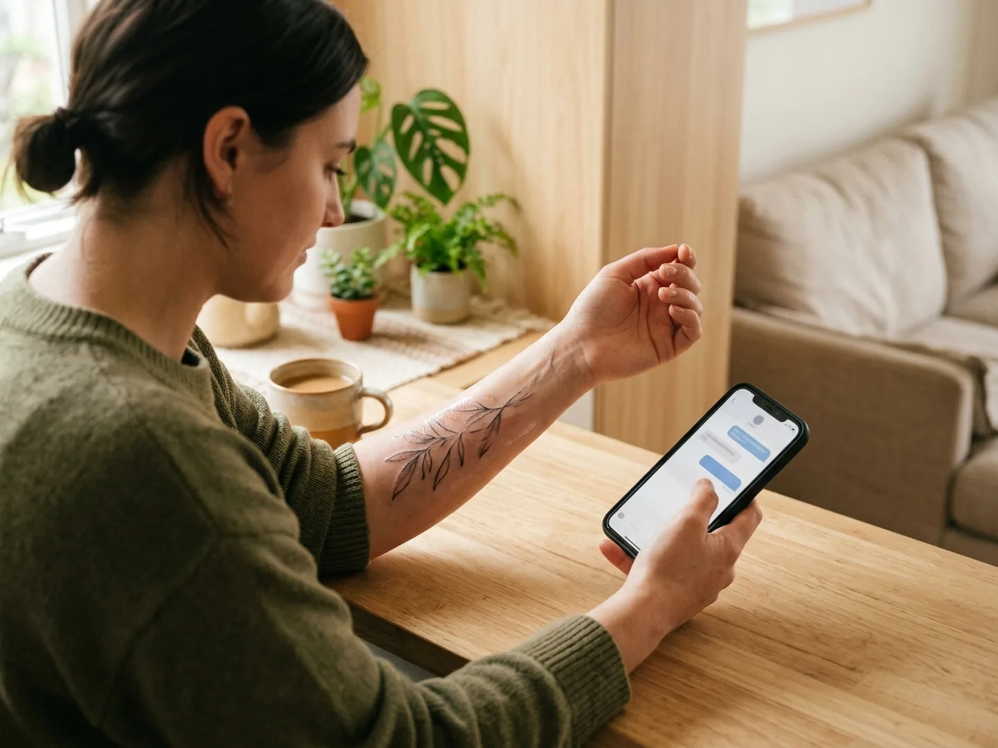 A tattoo client reading an aftercare message while reviewing a healing tattoo.