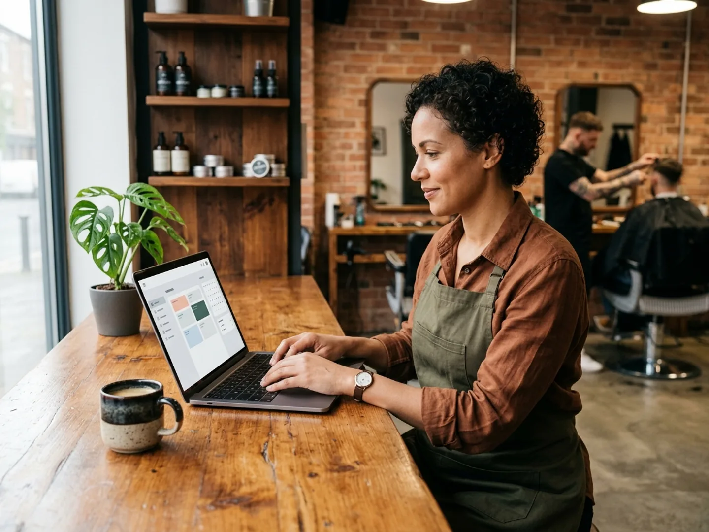 A tattoo studio owner reviewing the studio's branded booking page and consented portfolio on a laptop.