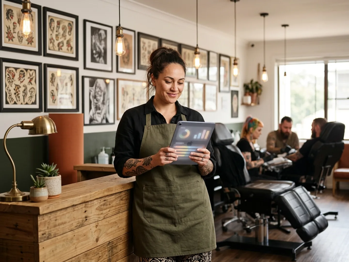 A tattoo studio owner reviewing performance on an iPad at reception.