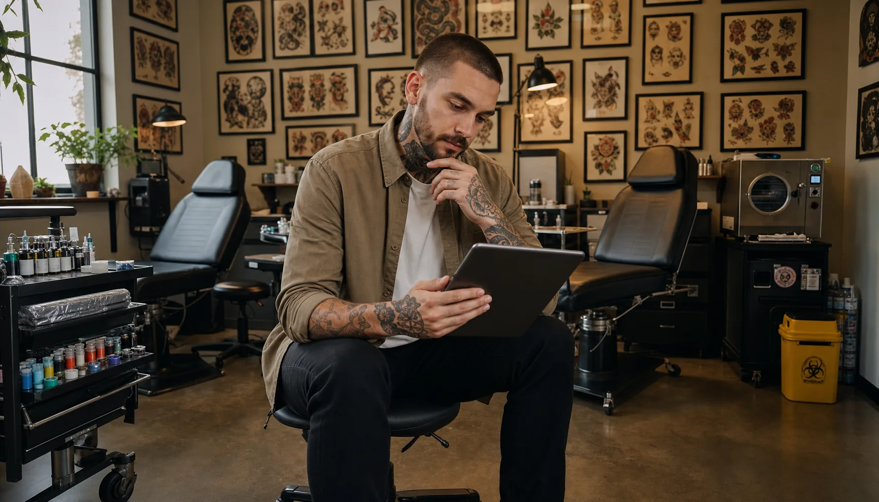 OpenChair co-founder reviewing the product on an iPad inside a tattoo studio.
