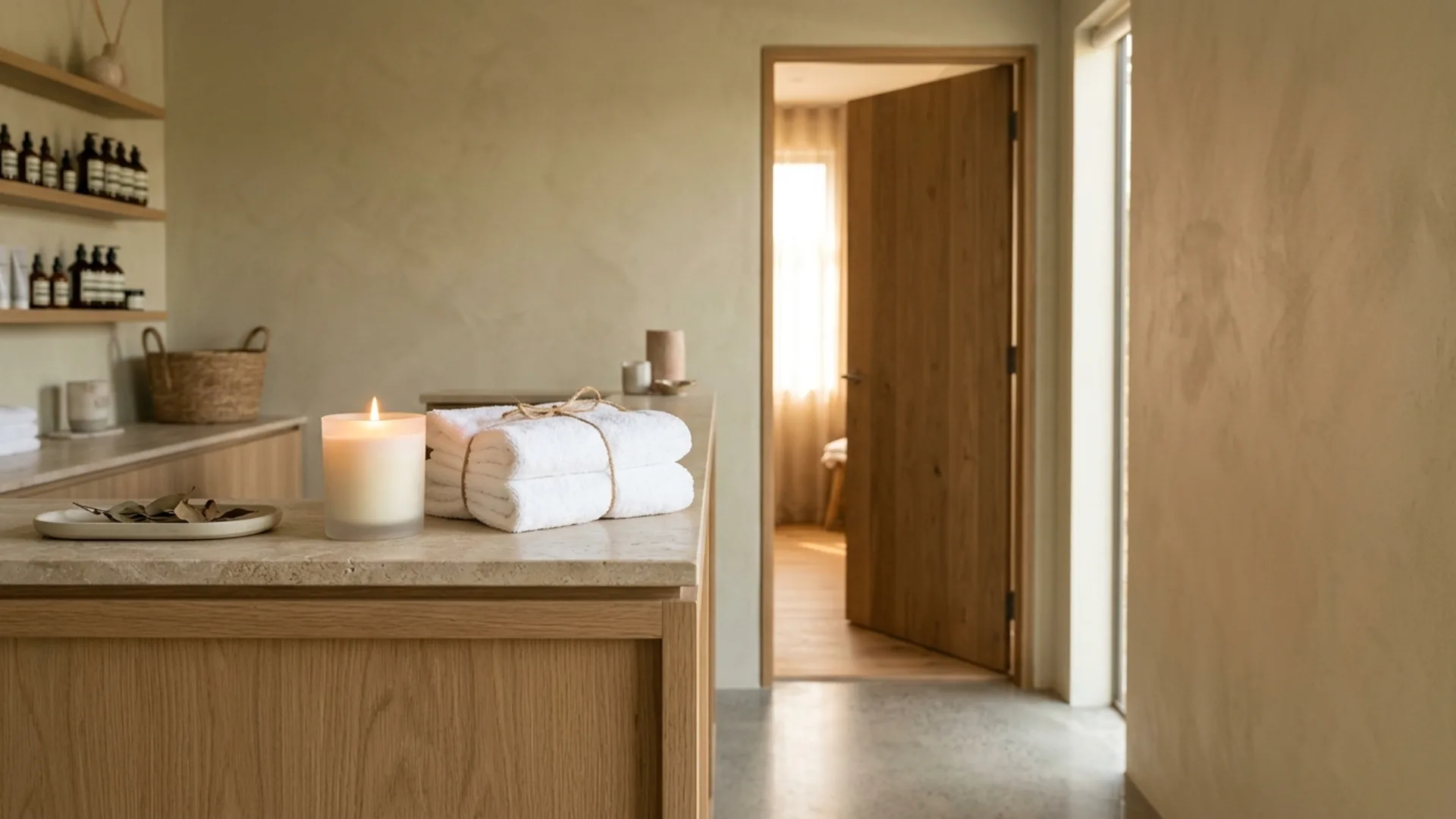 A calm modern spa reception with a candle, fresh linen, and a treatment-room door open to soft natural light.