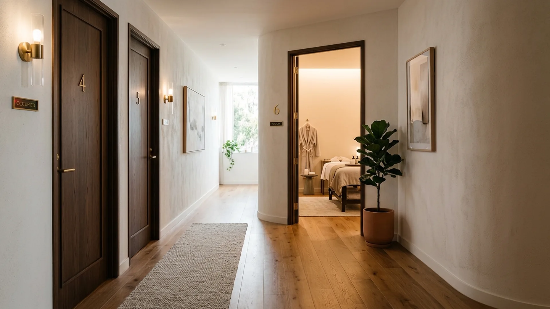 A quiet spa hallway with three treatment-room doors, one open and unused, soft light from the ceiling.