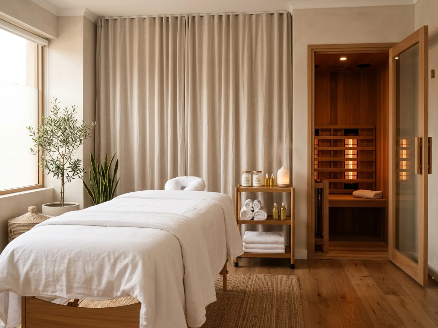 A calm spa treatment room with a massage table, soft linen, and an infrared sauna visible through a doorway.