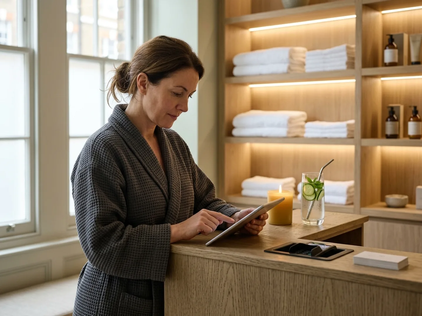 A guest tapping a tablet at the reception of a quiet spa with a candle and a glass of cucumber water on the desk.