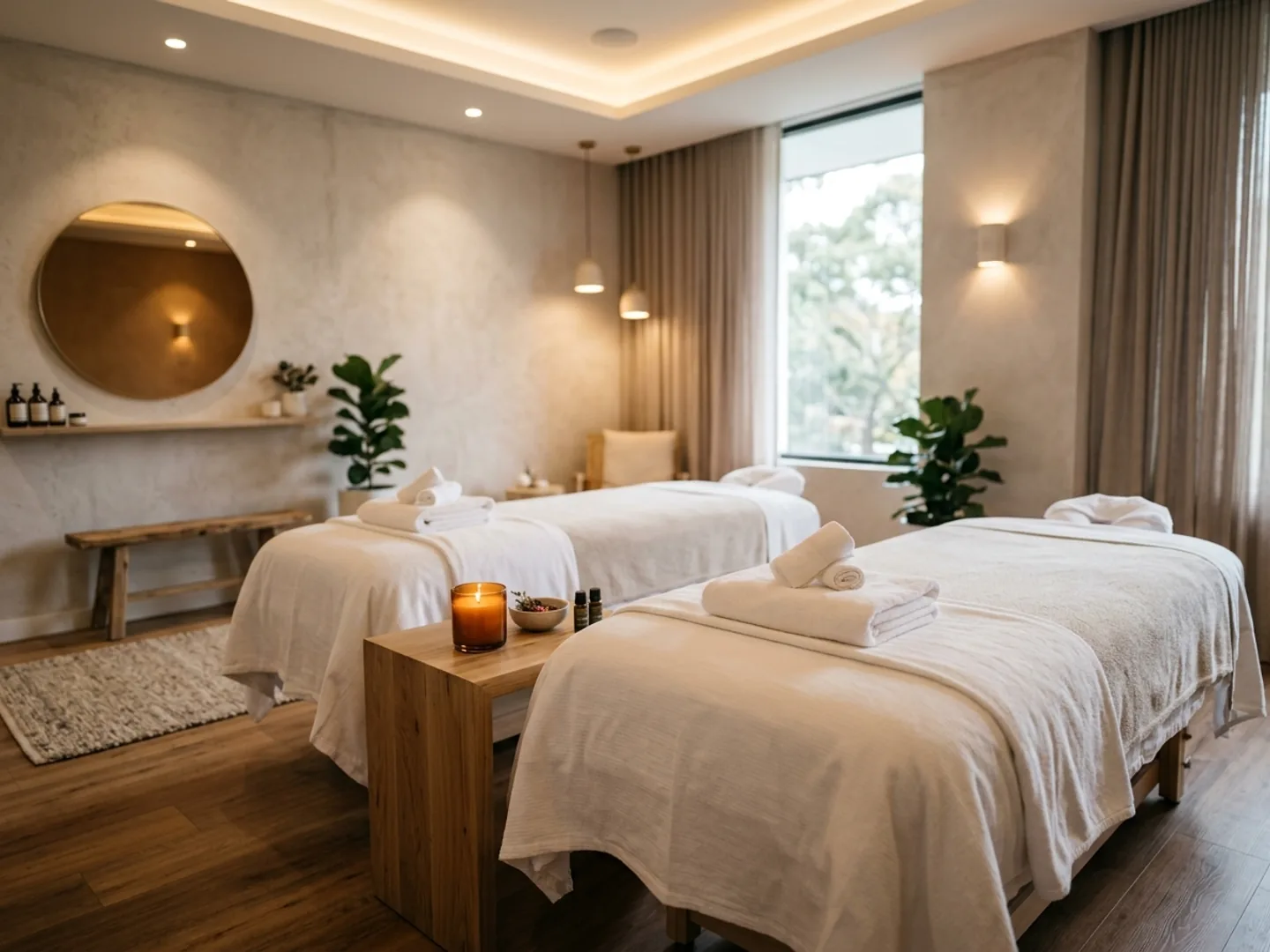 A couples treatment suite with two massage tables, soft lighting, and folded towels on each bed.