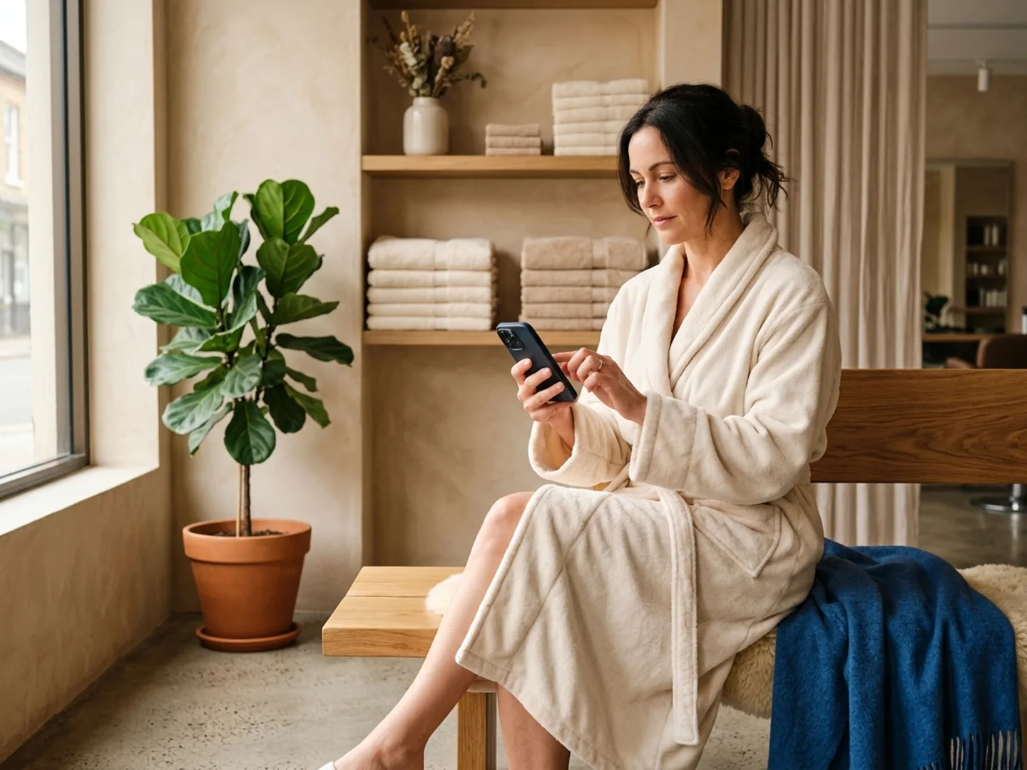 A guest reading a digital intake form on a phone in a quiet waiting area with soft natural light.