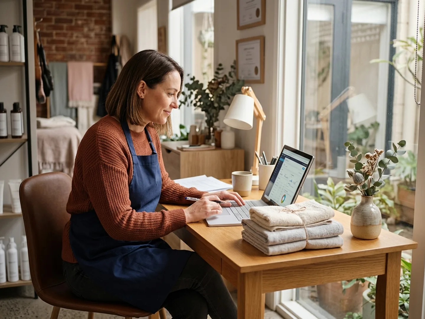 A spa owner reviewing package balances on a laptop at a clean reception desk.