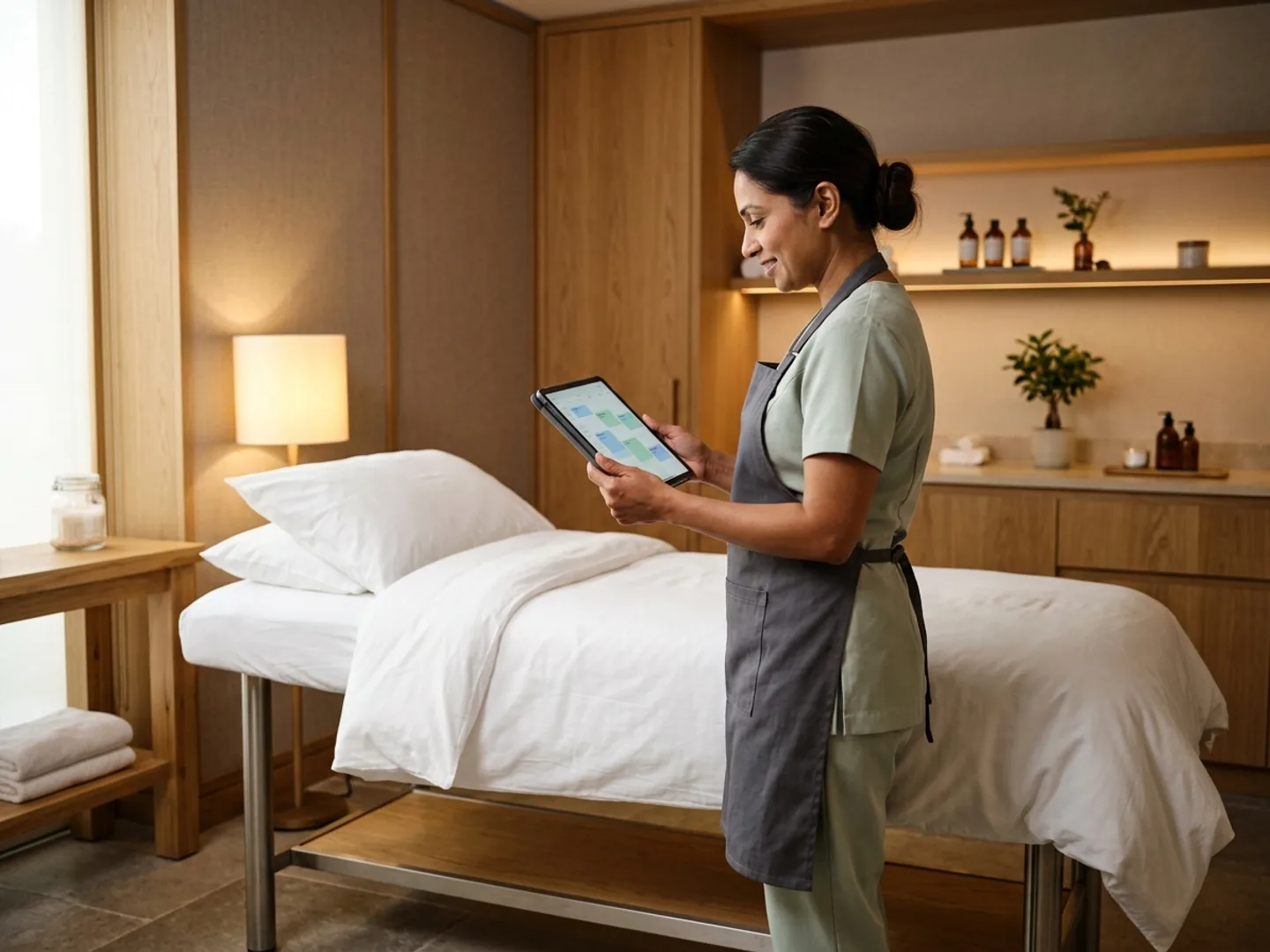 A therapist reviewing a tablet showing a client's monthly facial schedule for the year.