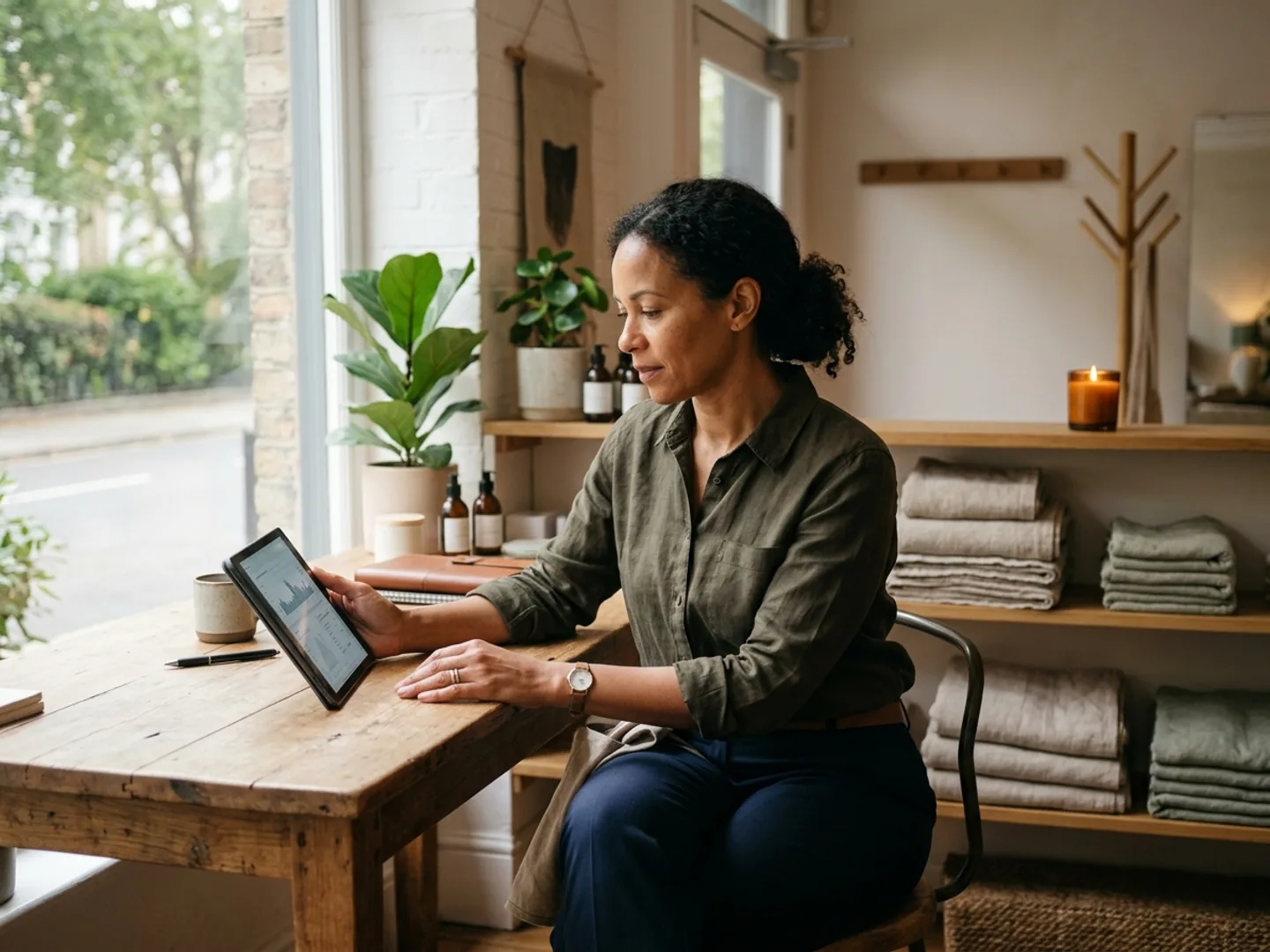 A spa owner reviewing a tablet at a quiet reception between appointments.