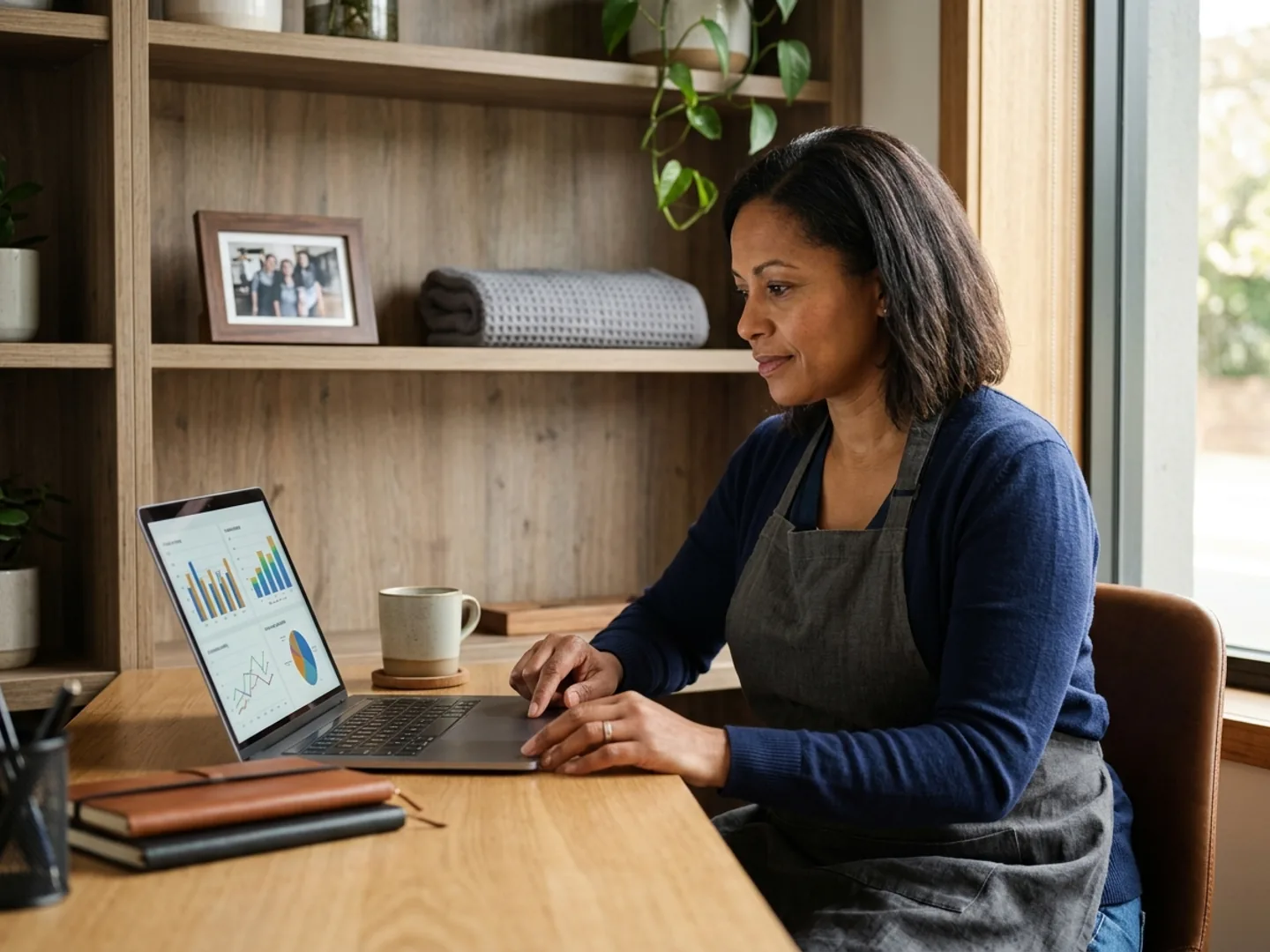 A spa owner reviewing utilisation and package liability on a laptop in a quiet office.