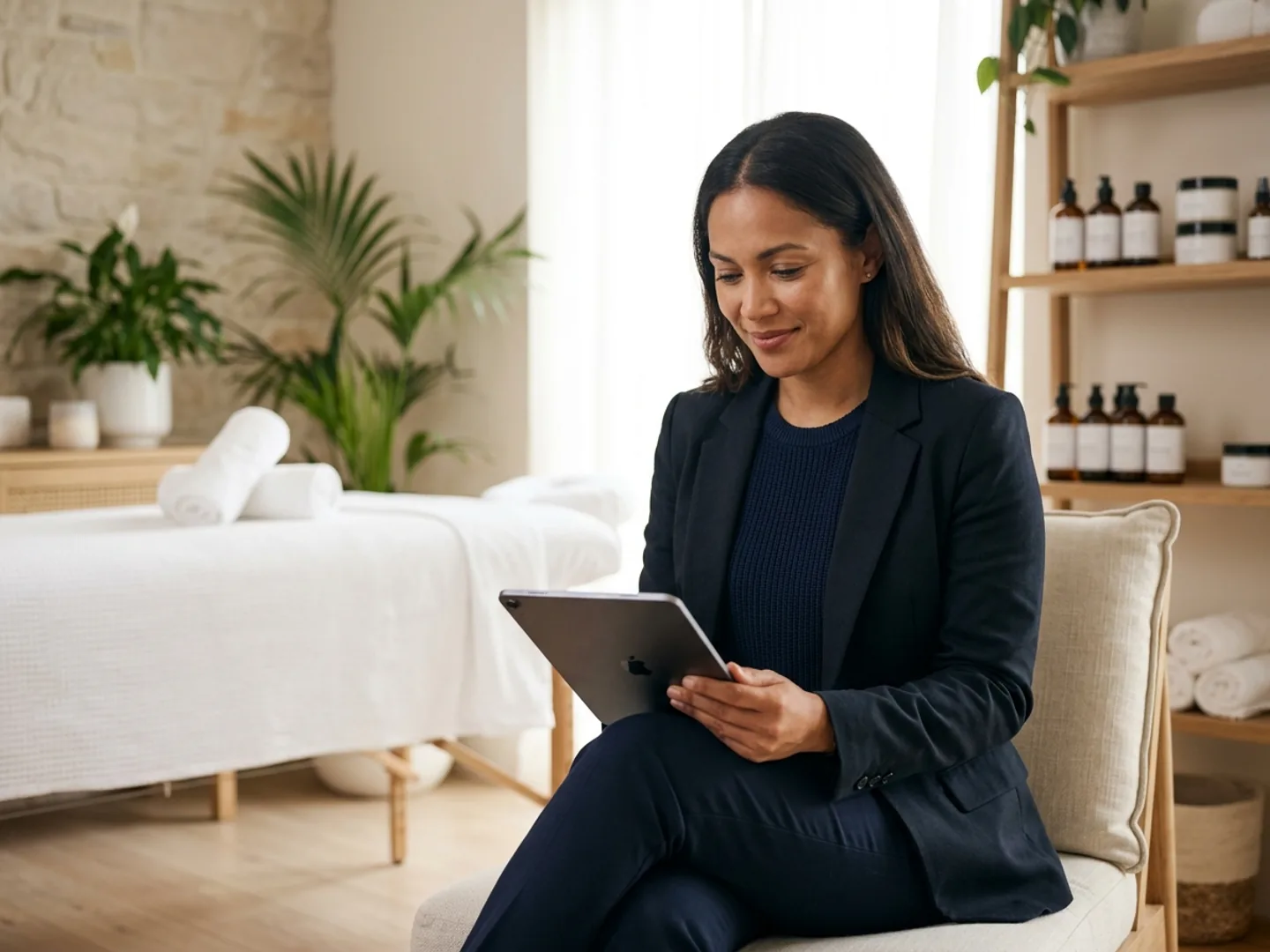 OpenChair co-founder reviewing the product on an iPad inside a calm spa treatment room with a massage table, plant, and shelves of unbranded skincare products.